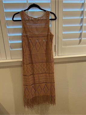 Bleu Rod Beattie Sleeveless Crochet Fringe Dress — Tan